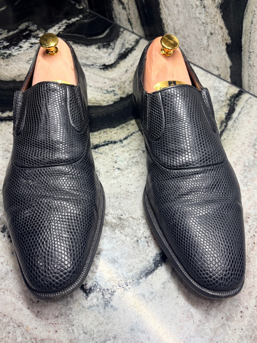 A. Testoni Genuine Lizard Leather Black Label Loafers Made in Italy UK 9.5
